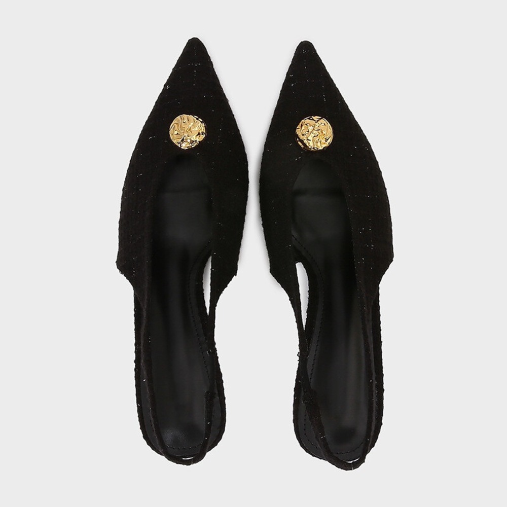 Zara tweed textured decorative button pointed toe black slingback heels sz.8